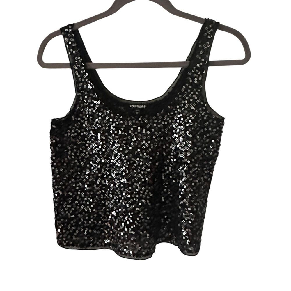 Express‎ Black Sequins Sheer Cropped Scoop Neck Dressy Tank Top Size XS